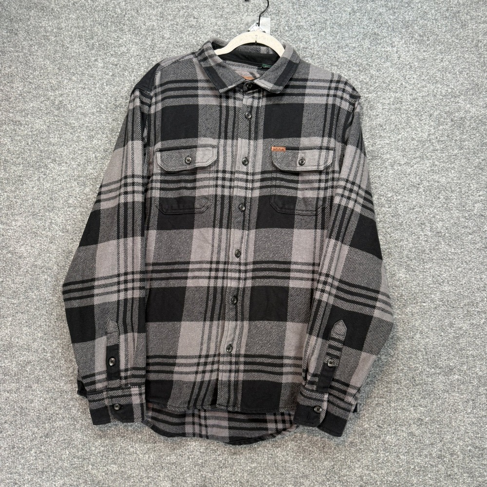 Orvis Flannel Button Up Shirt Men Large Gray Plaid Fleece Heavyweight Soft